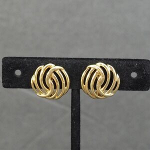 Monet Vintage Gold Tone Swirl Knot Clip On Earrings Round Textured Ribbed Retro